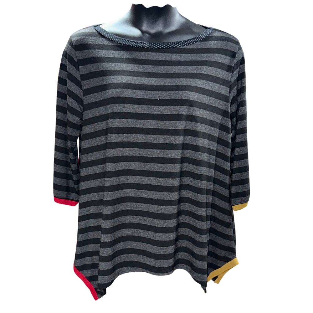 Alembika oversized top gray black striped quarter sleeves lagenlook SZ 4